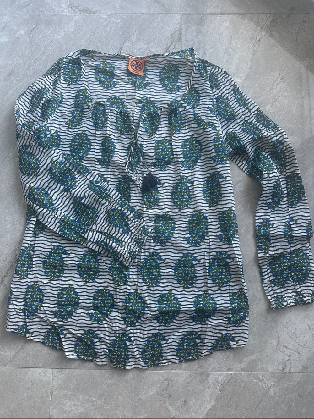 Tory Burch White Striped Blouse with Blue & Green Floral Motif